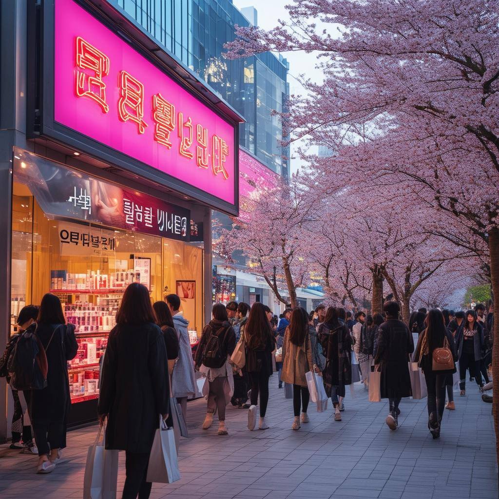 The image depicts a vibrant and bustling street scene in Seoul, South Korea-1