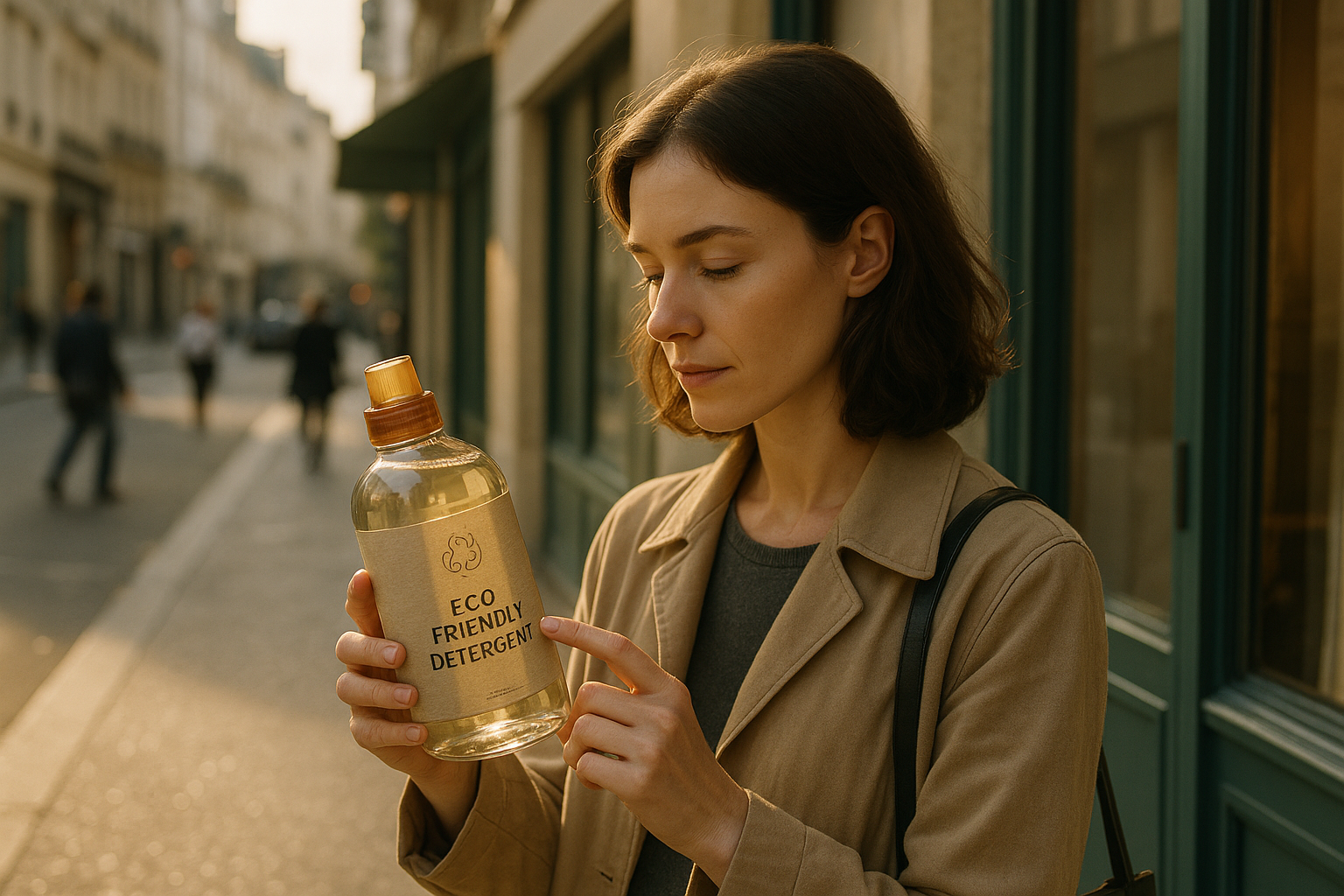 cinematic Afternoon in Paris A shopper stands on a quiet city street near a storefront holding a bottle of ecofriendly detergent and carefully reading