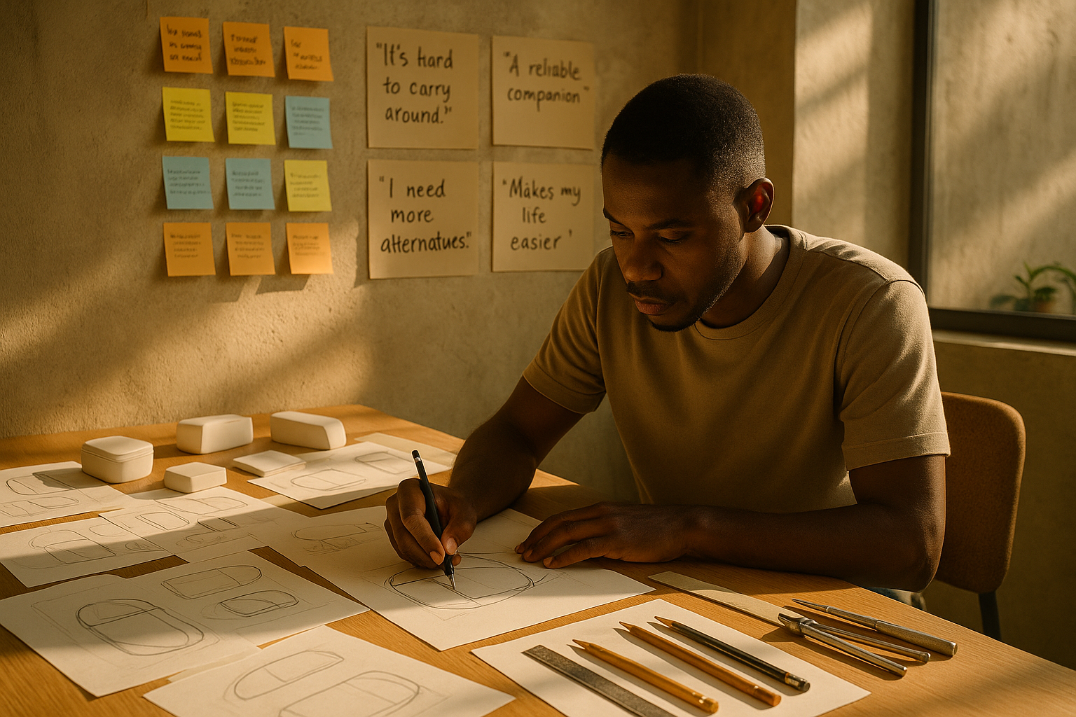 cinematic Afternoon in a small creative studio in Lagos A designer sketches a new product prototype on a desk covered with papers and mockups Behind t