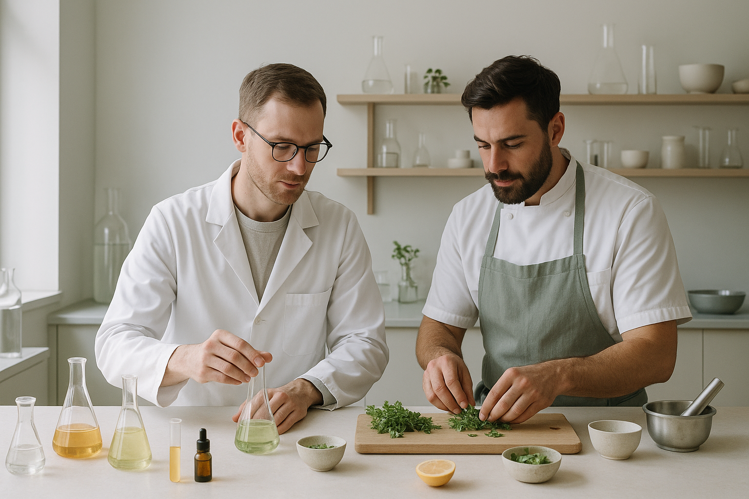 cinematic Daytime in Copenhagen A laboratoryinspired kitchen bathed in soft neutral daylight A scientist and a chef collaborate at a long counter obse-1