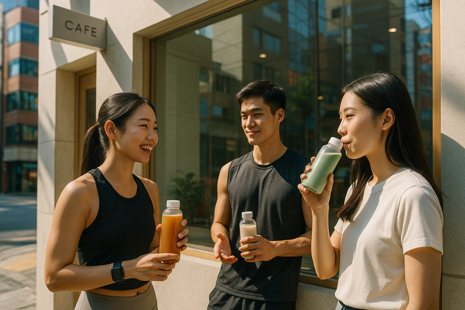 cinematic Dynamic candid street scene in Seoul early afternoon A small group of young people stands outside a minimalist caf sipping functional bevera