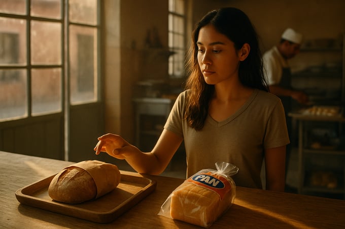 cinematic Early morning in a Latin American bakery soft sunlight filtering through the window A young woman stands before a wooden counter hesitating-3