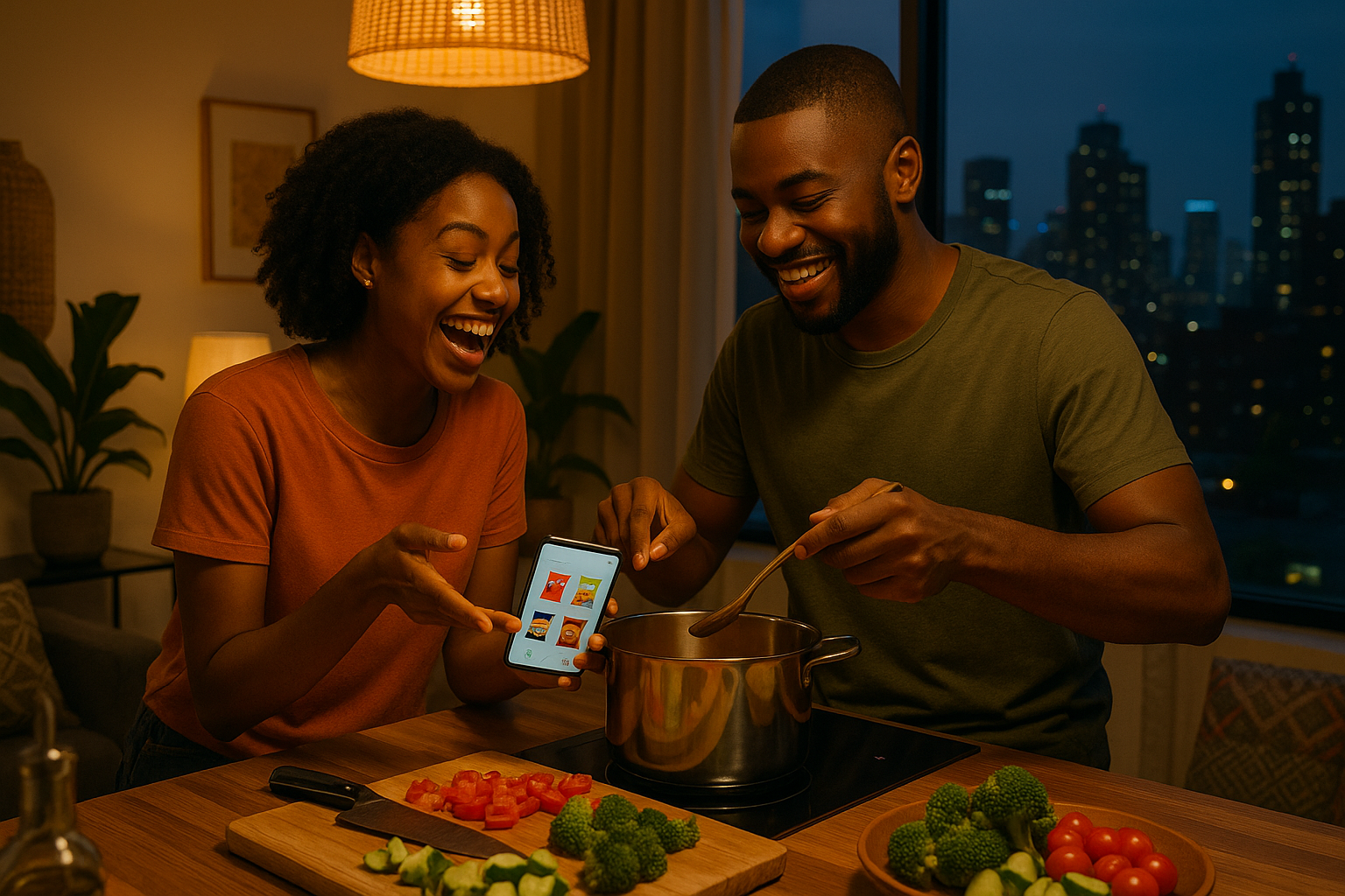 cinematic Evening in Lagos inside a contemporary apartment filled with warm vivid ambient light A young couple prepares dinner together  cutting veget