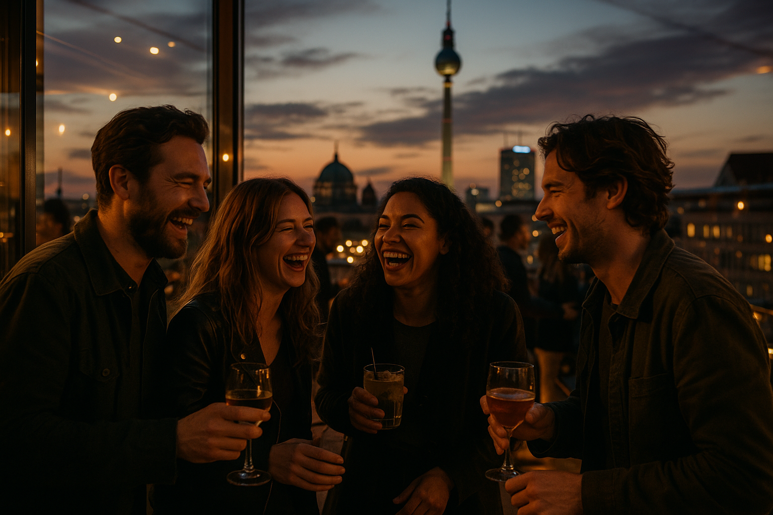 cinematic Evening in a crowded rooftop bar in Berlin a group of friends standing close together laughing and talking over drinks Warm artificial light