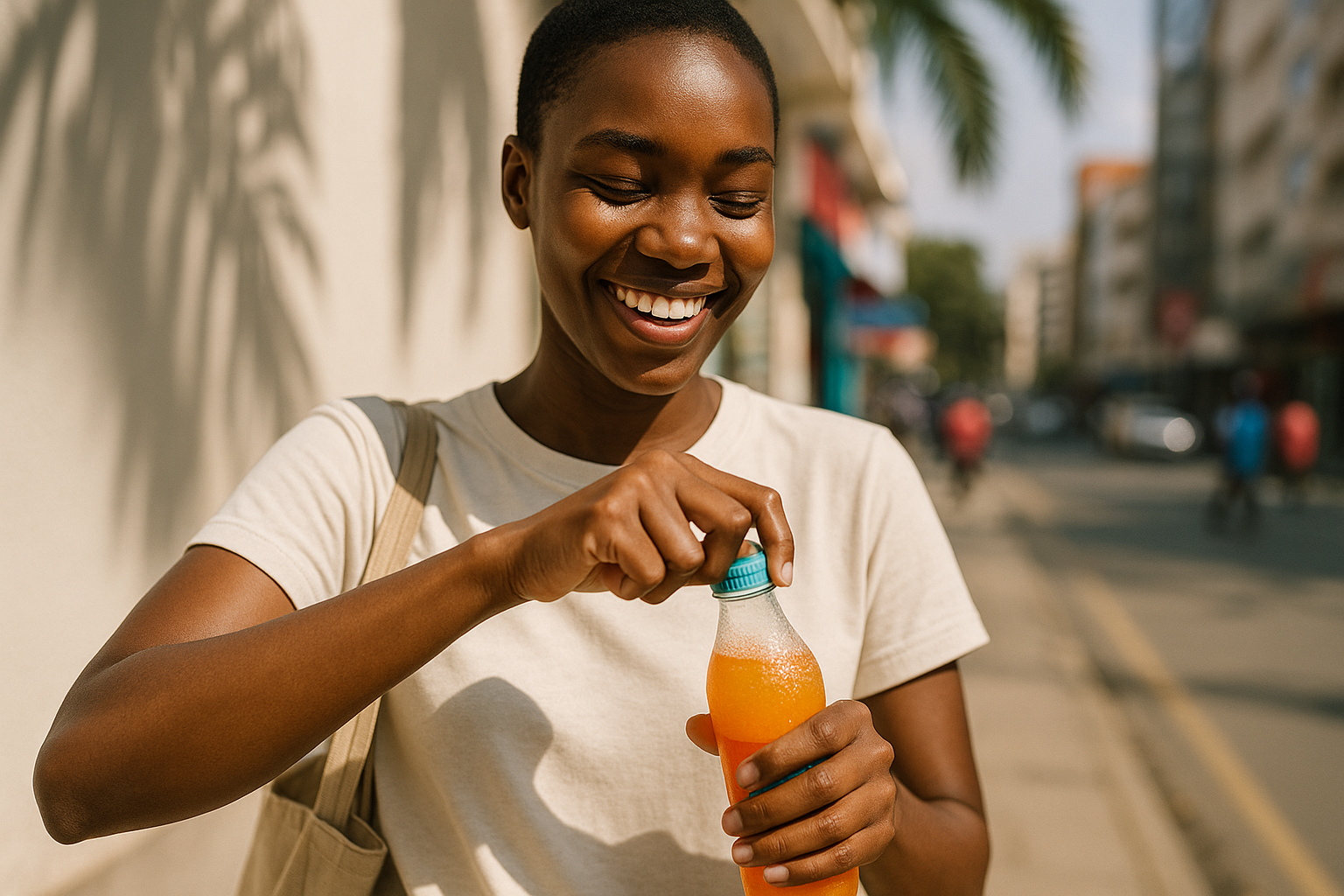cinematic Midday in Nairobi A shopper opens a beverage bottle while walking a spontaneous smile of satisfaction as the cap clicks The light catches th