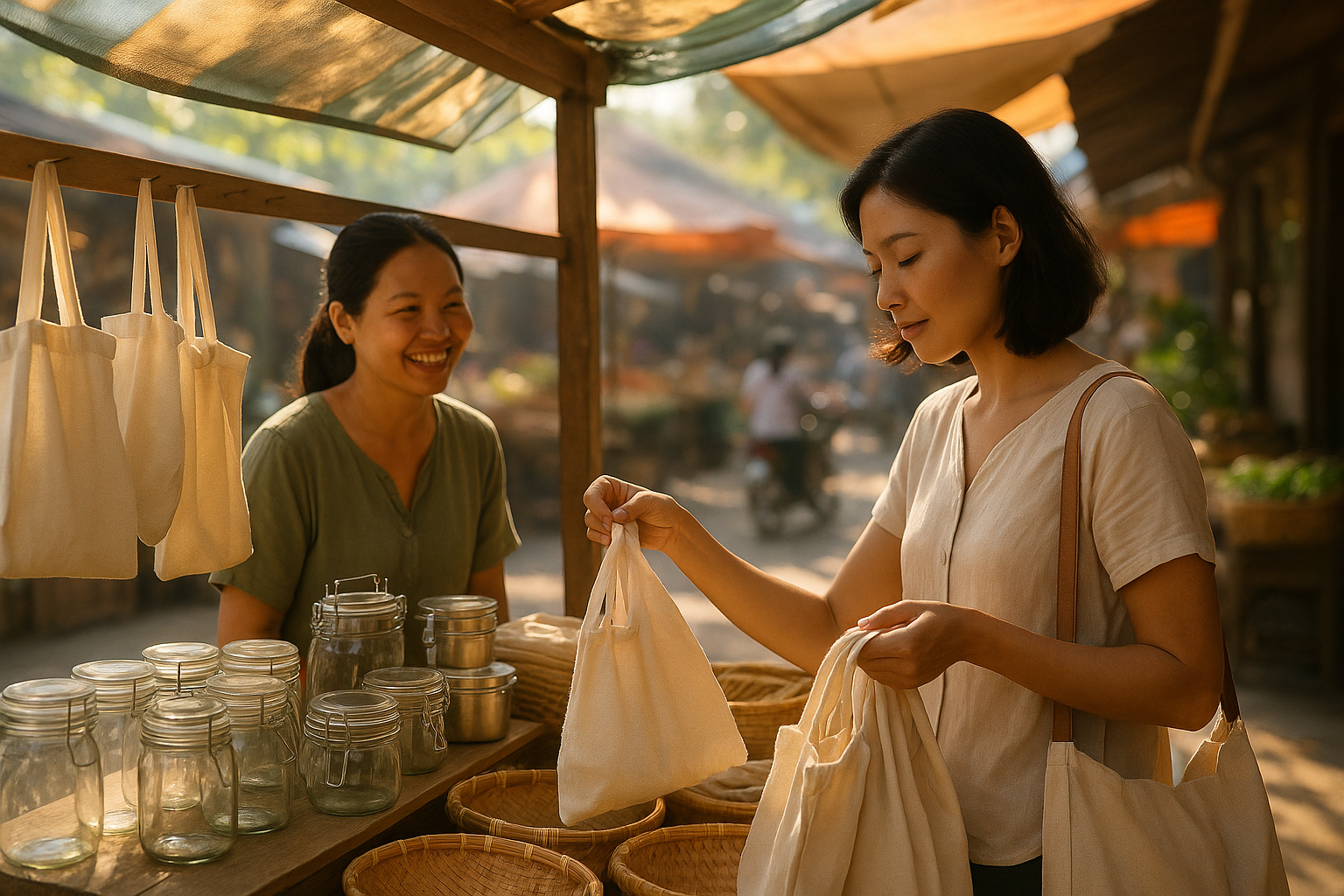 cinematic Morning in a Vietnamese outdoor market A woman selects reusable containers and cloth bags from a local stand  an everyday act of practical s