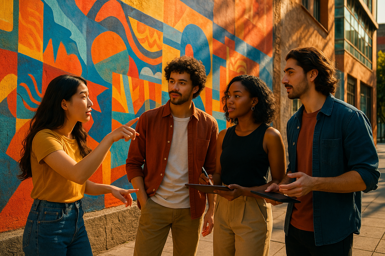 photographic Afternoon in Mexico City golden sunlight falling across colorful urban murals A diverse group of young creatives stands on the sidewalk d