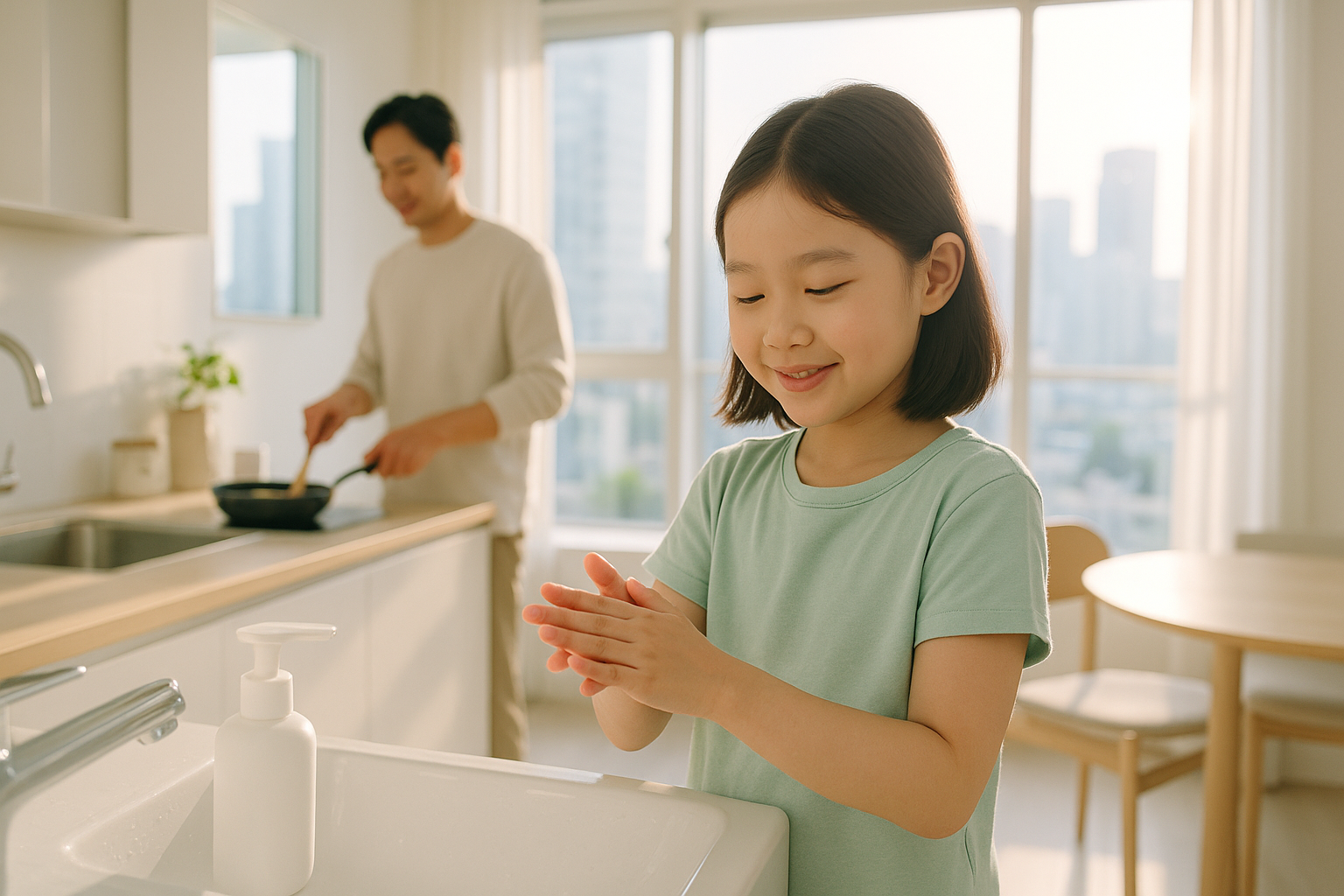 photographic Bright morning in Seoul A modern family in a minimalist apartment goes through their daily routine a child uses a personal care product w-1