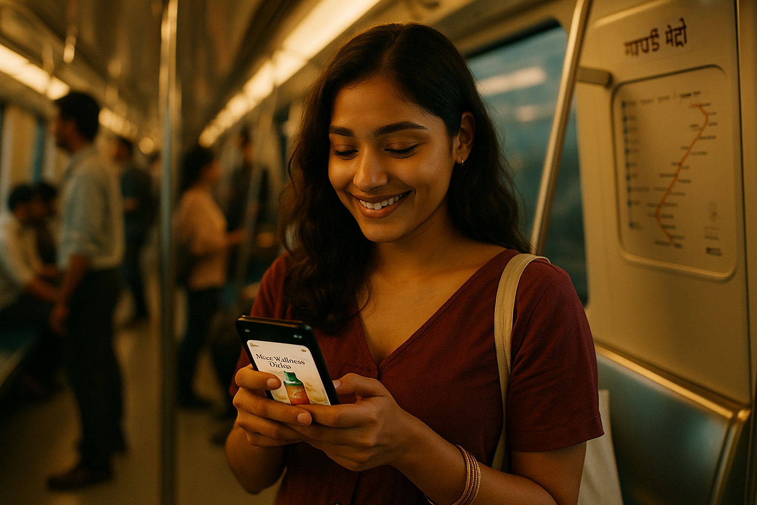 photographic Early evening inside a Mumbai metro car bathed in warm diffused light reflecting off metal and glass A young woman scrolls through social-1