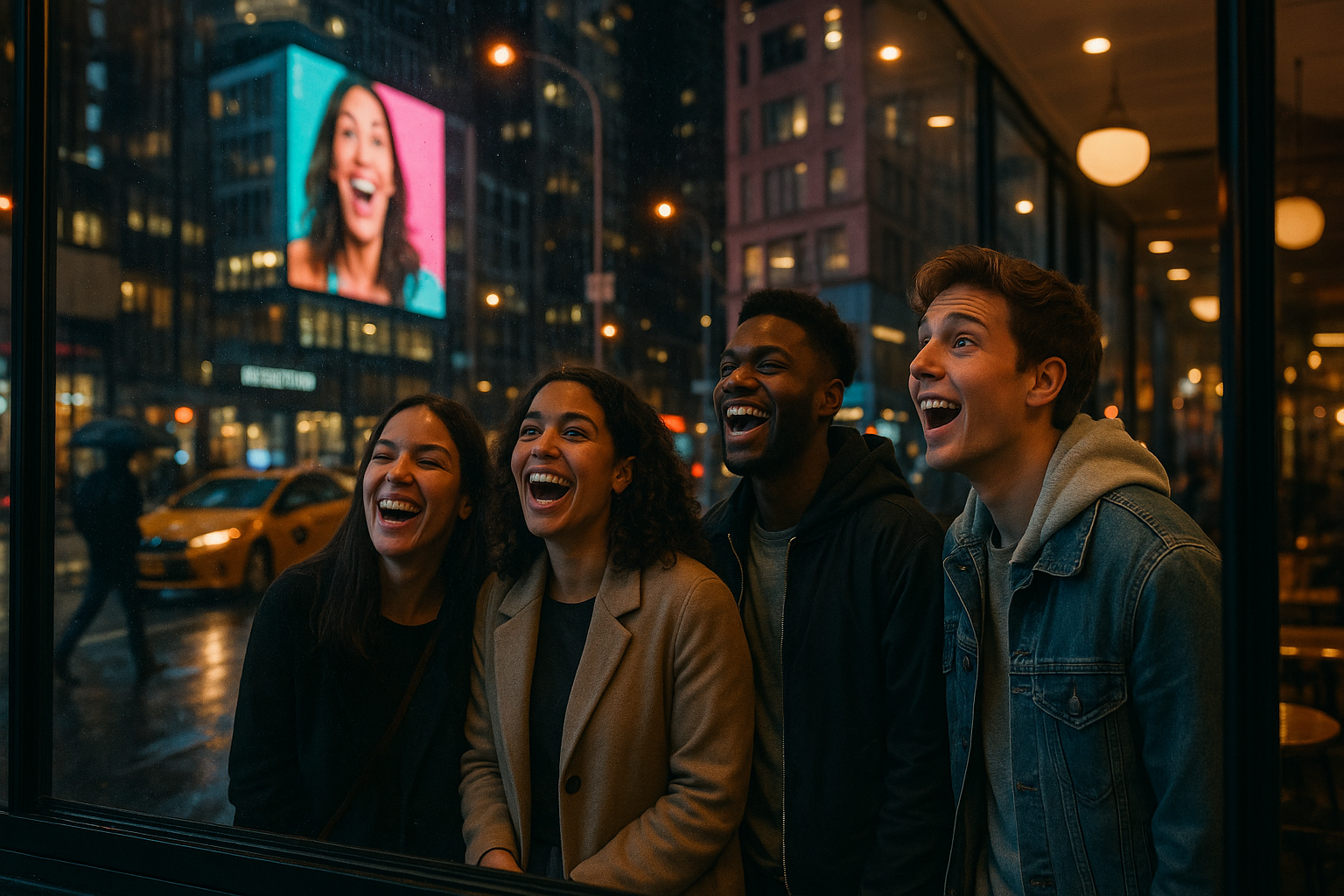 photographic Evening in New York City A small group of friends stands outside a caf reacting with genuine laughter and surprise to a digital billboard-1