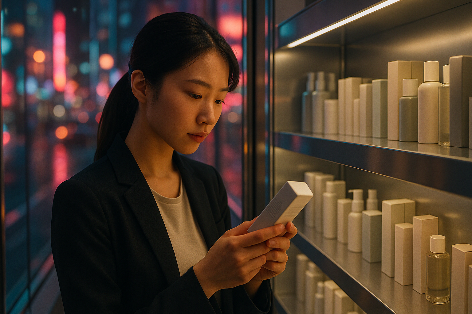 photographic Evening in Tokyo A young professional stands in front of a sleek softly lit skincare aisle reading the back of a product with focused cur-1