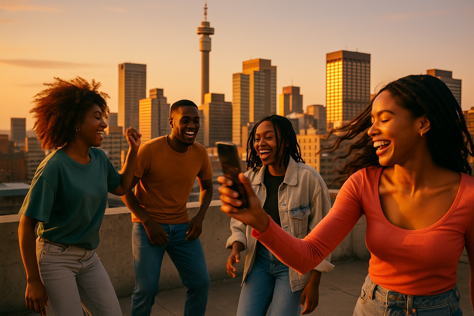 photographic Golden hour on a Johannesburg rooftop A group of young creatives captures shortform videos with their smartphones  dancing laughing react-1
