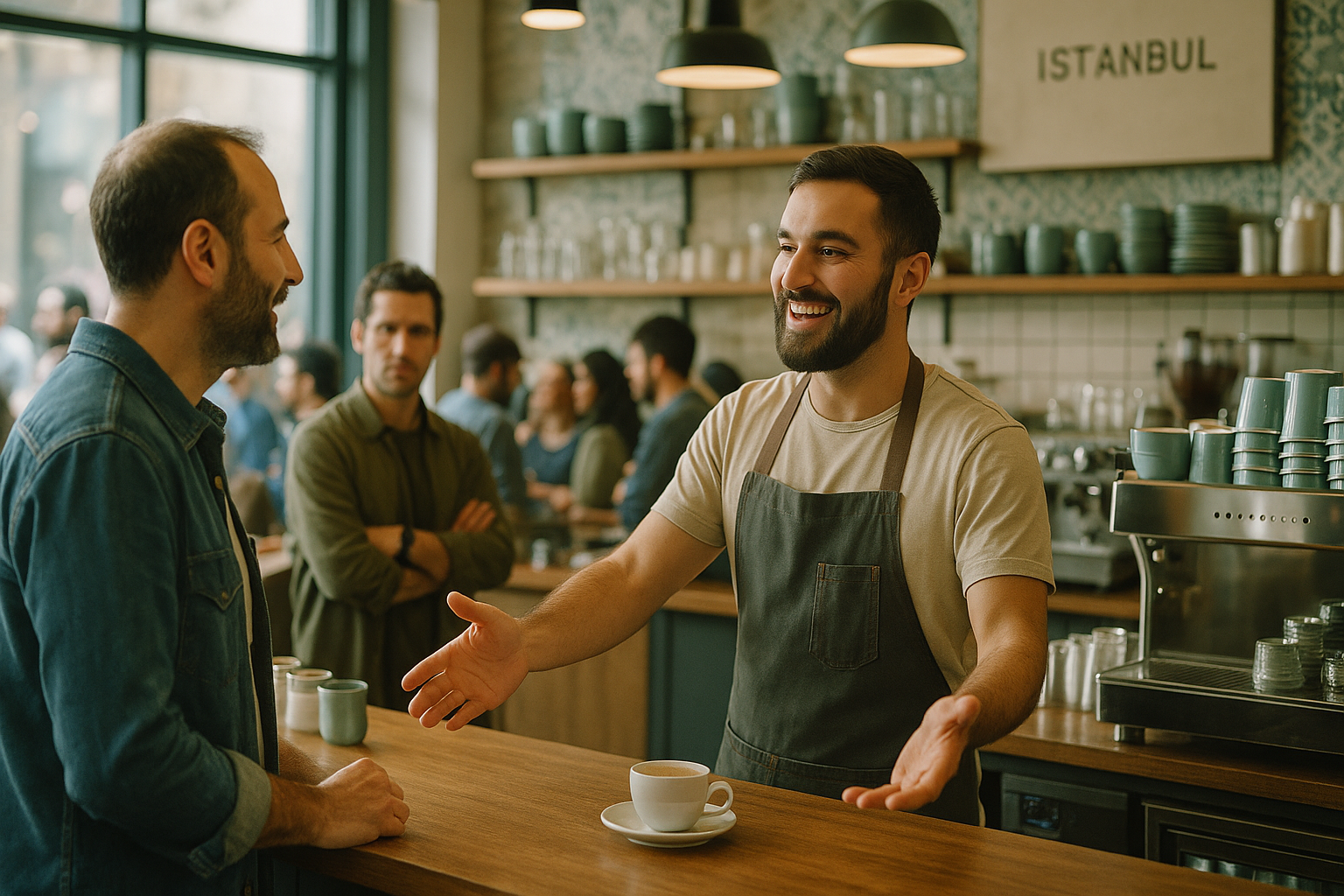 photographic Late morning in a bustling caf in Istanbul A barista greets a customer warmly at the counter genuine smile and open gesture while another-1