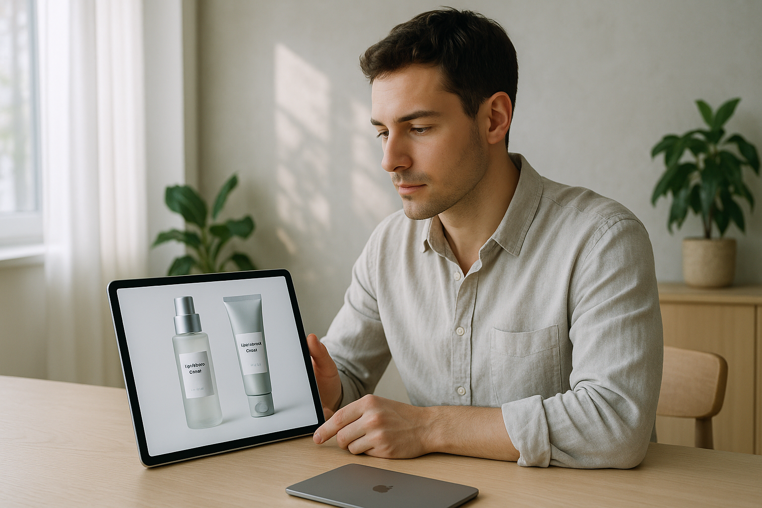 photographic Late morning in a modern Berlin apartment filled with soft natural daylight A young man sits at a minimalist table comparing two skincare