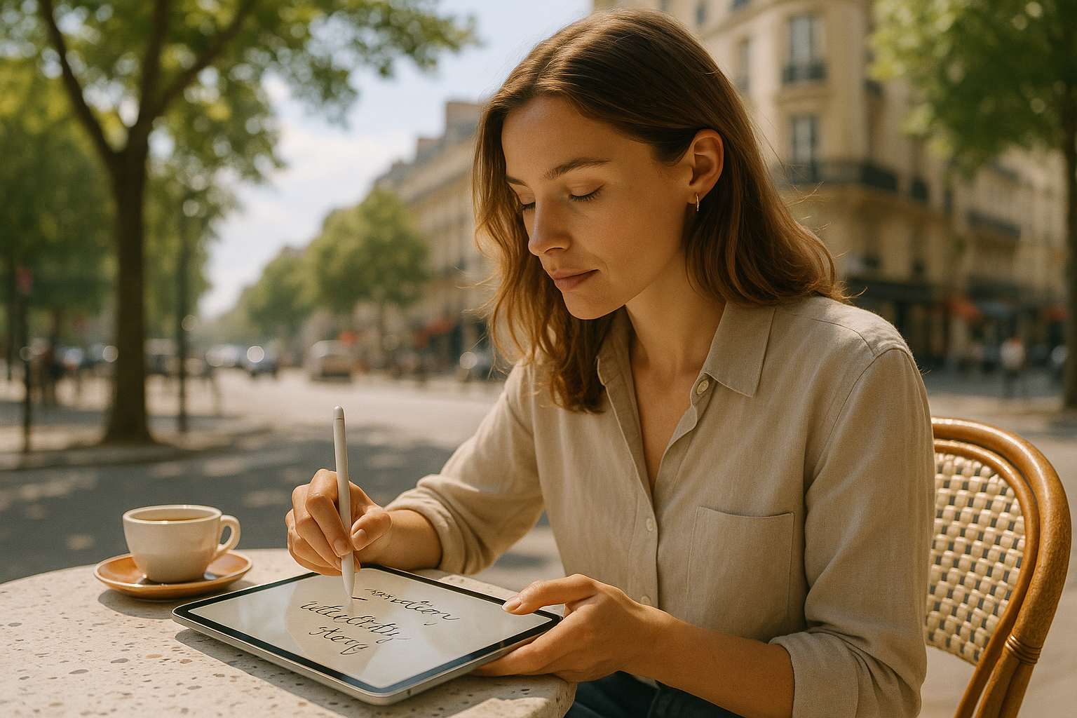 photographic Late morning on a Paris caf terrace soft natural light filtering through trees A young woman sketches ideas on her iPad stylus in hand re