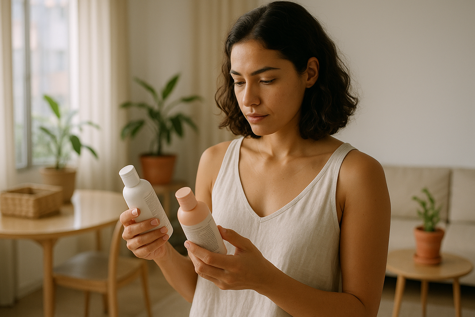 photographic Morning in So Paulo Inside a softly lit modern apartment a young woman holds two personal care products carefully reading and comparing t