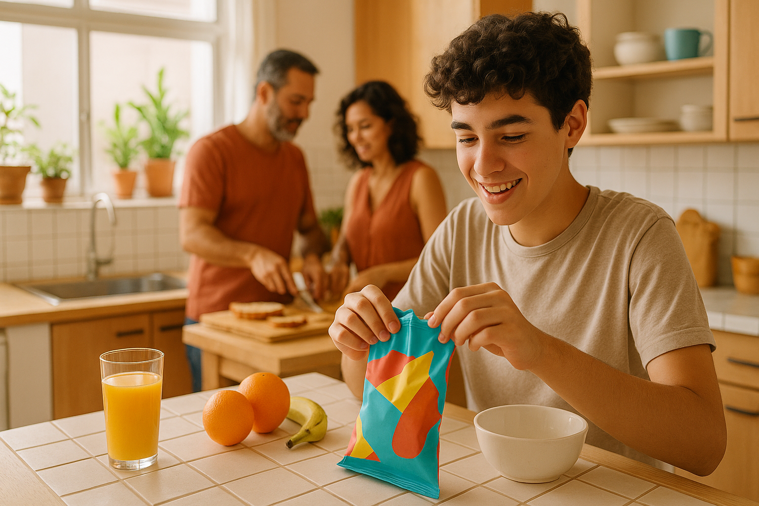 photographic Morning in So Paulo inside a bright modern family kitchen filled with natural light A teenager is opening a colorful snack pack at the co
