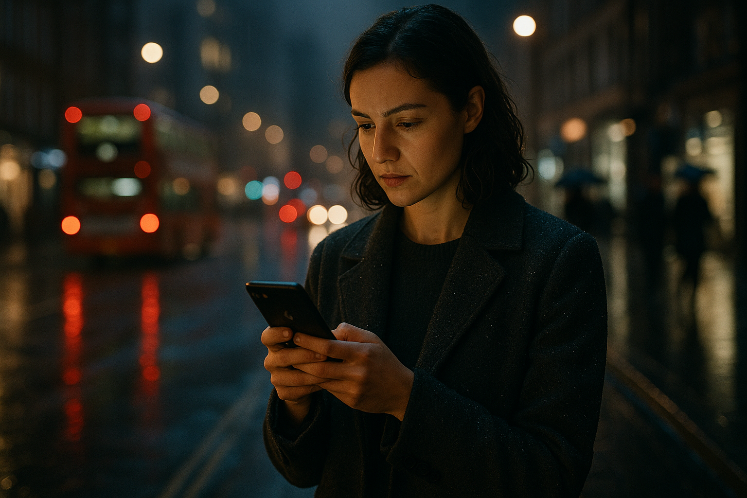 photographic Nighttime in London a young woman stands by a wet city street phone in hand reading notifications about a brand controversy Her expressio