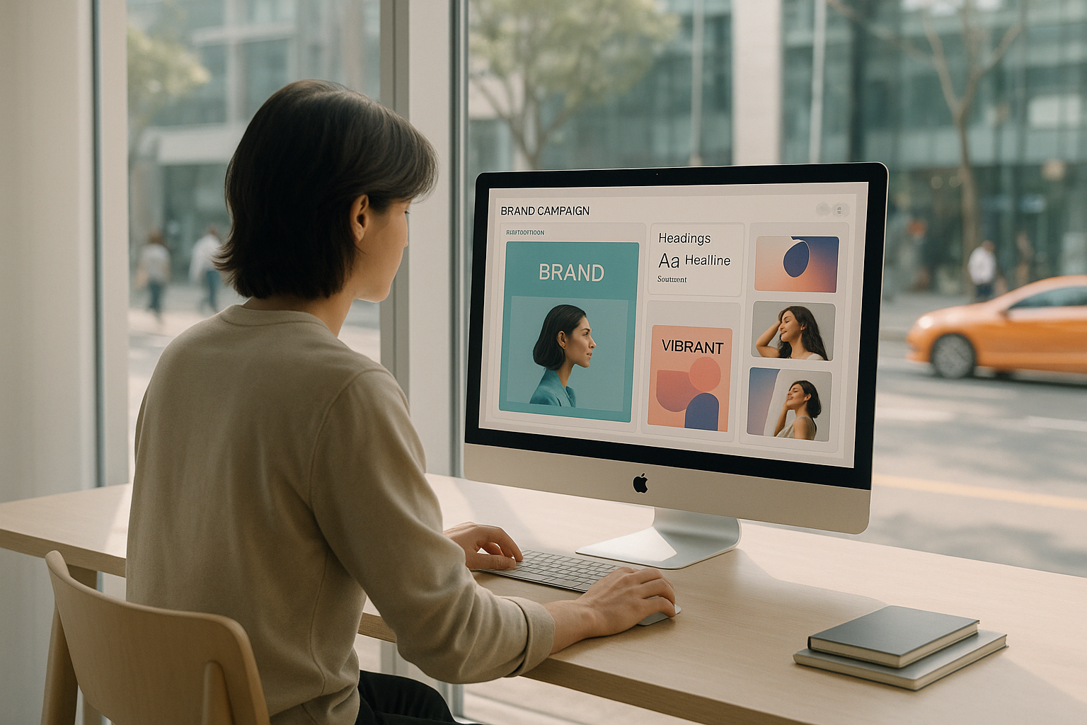 photographic ytime in a contemporary Seoul workspace A designer works at a large screen assembling a brand campaign deck  moodboards typography visual-1