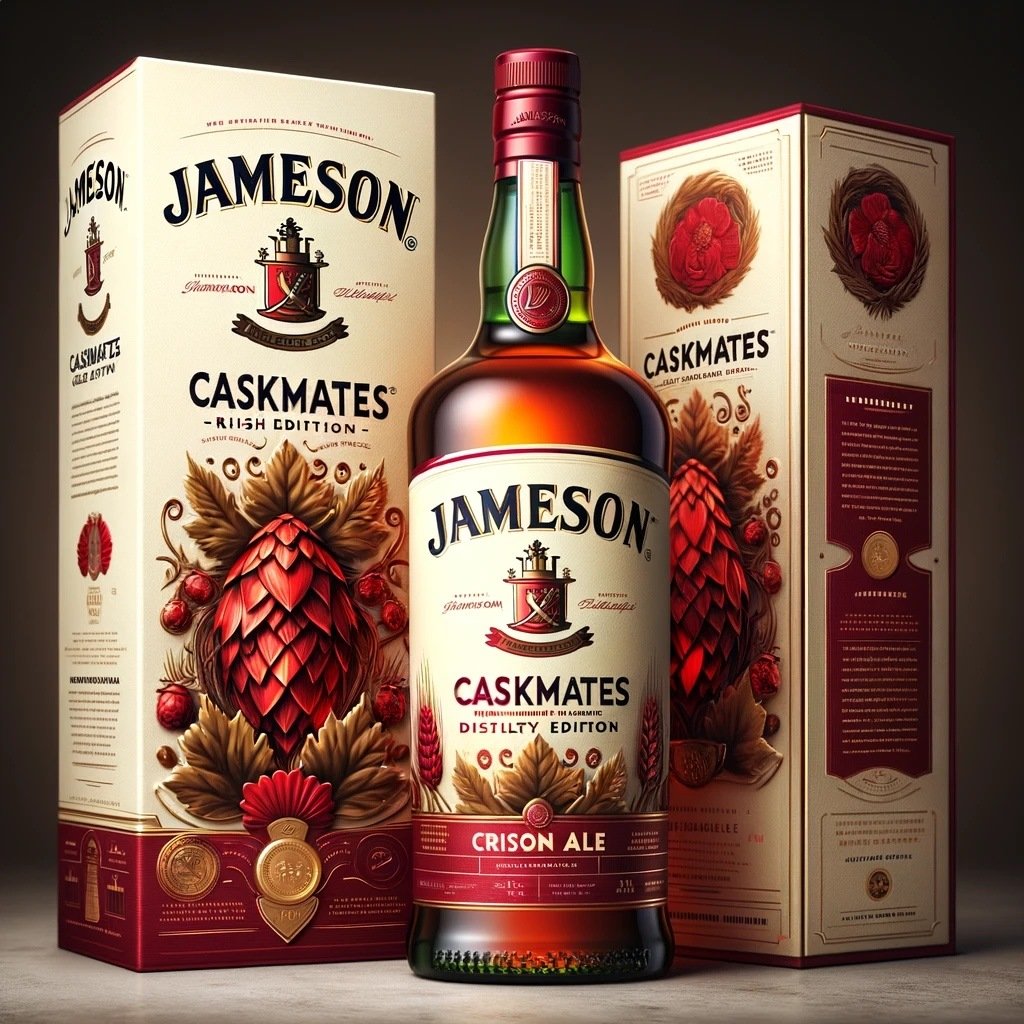 Sensia - Create an image for the packaging of Jameson Caskmates Crimson Ale Edition, a premium Irish whiskey. The classic Jameson bottle shape is retained, b